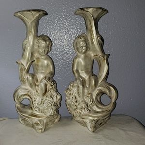 Vintage Ceramic Cherub Candle Holder Pair